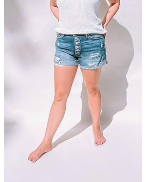 Kancan High Rise Button Fly Single Cuff Denim Shorts - Blue