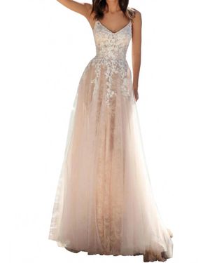 Clarisse V-Neckline Floral Lace Applique Maxi Party Dress - Natural