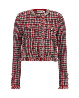Self-Portrait Cropped Checkered Bouclé Cotton-Blend Jacket