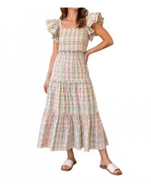 Anniewear Gingham Check Flutter Sleeve Tiered Midi Dress - Natural