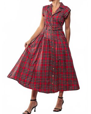 Faire Dashing Plaid Belted A-Line Dress - Red