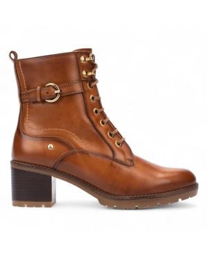 Pikolinos Brandy Leather Mid-Heel Combat Ankle Boots - Brown
