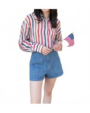 Q2 American Stripes Chiffon Button Down Blouse - Blue