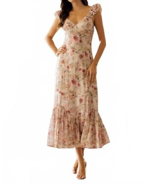 Storia Floral Ruffle Strap Midi Dress - Brown