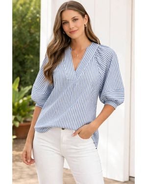 She + Sky Coastal Breeze Stripe Puff Sleeve Top - Blue