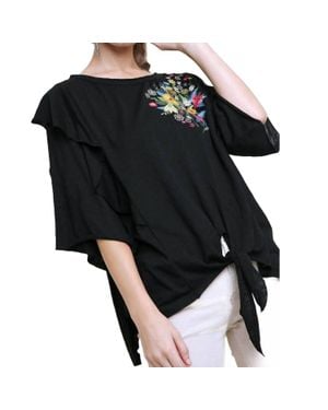 Umgee Embroidered Ruffled Sleeve Knot Top - Black