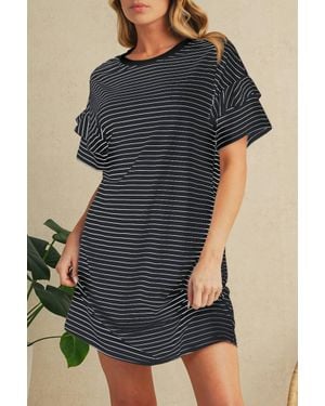 Shewin Stripe Ruffle T-Shirt Mini Dress - Blue