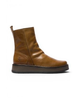 Fly London Tan Leather Zip Up Platform Ankle Boots - Brown