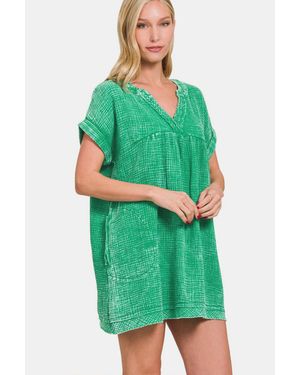 TRUEDAMES Washed Notched Short Sleeve Mini Dress - Green