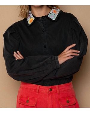 Pol Granny Square Poplin Shirt - Black