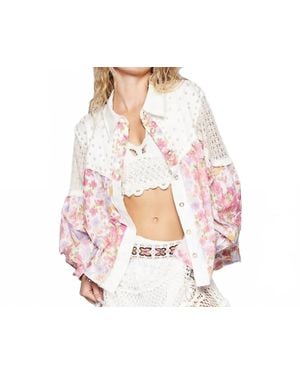 Pol Vintage Washed Floral Crochet Contrast Shirt - Pink