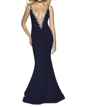 Blush Prom Embellished Glitter Jersey Evening Gown - Blue