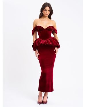 Miss Circle Abigail Velvet Off Shoulder Bubble Hem Peplum Maxi Dress - Red