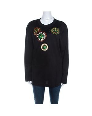 ESCADA Rib Knit Cotton Embellished Clock Applique Long Sleeve Top - Black