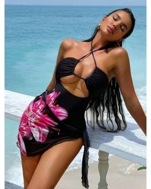 TRUEDAMES Leopard Print Floral Positioning Print Sexy Backless One-Piece Swimsuit - Blue