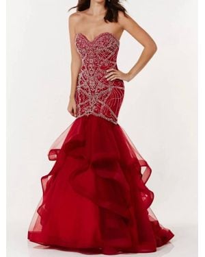 Alyce Paris Strapless Tulle Ruffled Mermaid Gown - Red