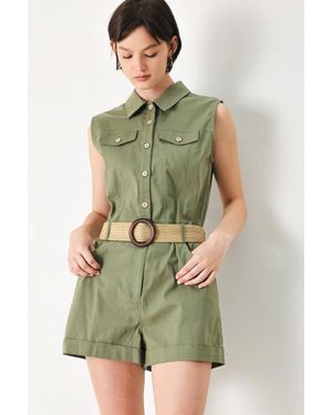 TRUEDAMES Cutie Explorer Woven Romper - Green