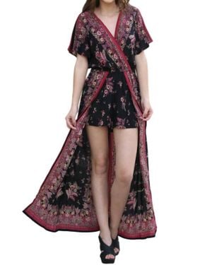 Angie Border & Floral Print Maxi Romper - Brown