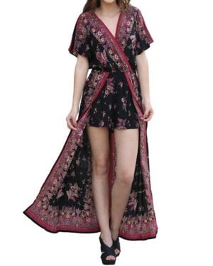 Angie Border & Floral Print Maxi Romper - Brown