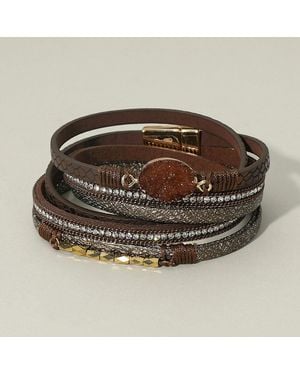 Fashnzfab Oval Druzy Accent Rhinestone Pave Faux Leather Wrap Multi Strand Magnetic Bracelet - Brown