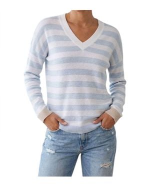 Kinross Cashmere Long Sleeve Stripe V Neck Sweater - Gray