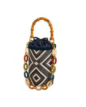 Elektra's Workshop Woven Geometric Bucket Bag With Bamboo Style Handle - Blue
