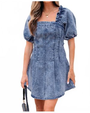 Threaded Pear Celia Square Neck Bustier Puff Sleeve Short Denim Dress - Blue