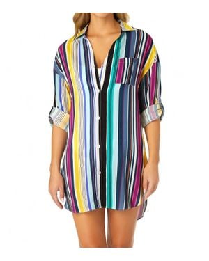 Anne Cole Barcode Stripe Button Down Shirt Swimsuit Cover Up - Blue