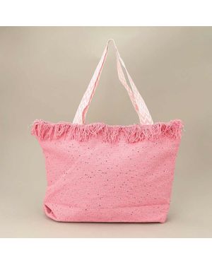 Fashnzfab Sequin Embellished Large Woven Frayed Shoulder Tote Bag - Pink