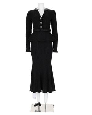 Self-Portrait Ribbed Knit Peplum Button Midi Dress - Black