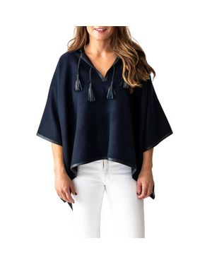 Stick & Ball Leather Trim Baby Alpaca Poncho - Blue