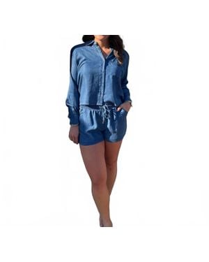 Bobi Cropped Button Front Top - Blue