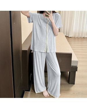 TRUEDAMES Lace Trim Short Sleeves Top Pants Loungewear Pajama Set - Blue