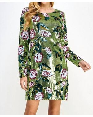 See And Be Seen Floral Sequin Long Sleeve Mini Dress - Green