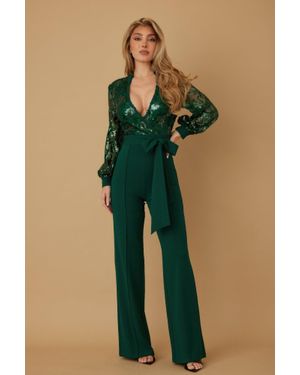TRUEDAMES Flower Vein Sequin Print Jumpsuit - Green