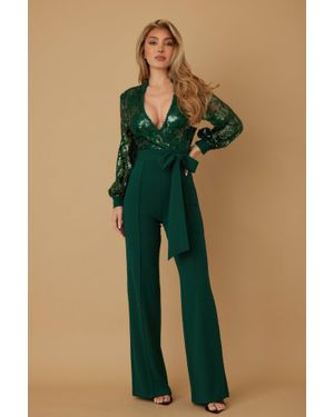 TRUEDAMES Flower Vein Sequin Print Jumpsuit - Green