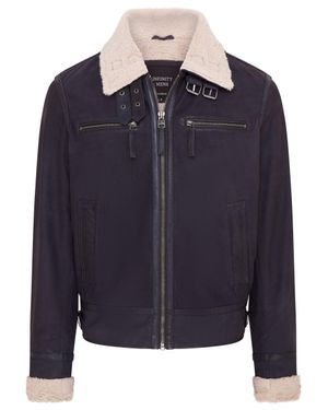 Infinity Leather Real Sheep Suede Bomber Aviator Jacket - Blue