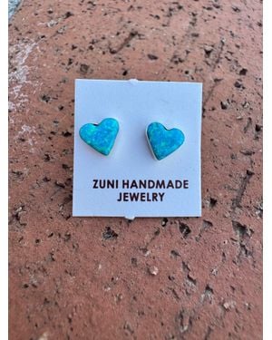 Nizhoni Traders Handcrafted Sterling & Opal Stud Heart Earrings - Blue