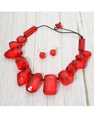 Fashnzfab Bold Geometric Resin Pebble Link Statement Necklace - Red