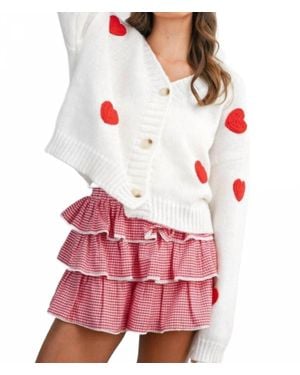 Buttermelon Heart Pattern Cropped V-Neck Cardigan - Red