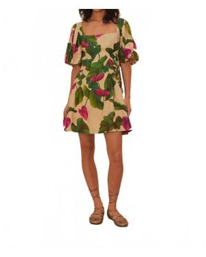 FARM Rio Anthurium Leaves Short Sleeve Square Neck Dress - Yellow