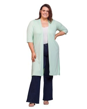 24seven Comfort Apparel Plus Size Open Front Knee Length Side Slit Duster Cardigan - Blue
