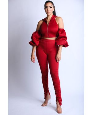 TRUEDAMES Puff Sleeve Hoodie Set - Red
