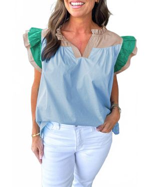 Lovesoft Colorblock Ruffled Sleeve Frill V-Neck Blouse - Blue