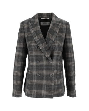 Peserico Tailored Plaid Double-Breasted Blazer - Gray