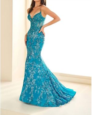 Ellie Wilde Lace Long Mermaid Evening Dress - Blue