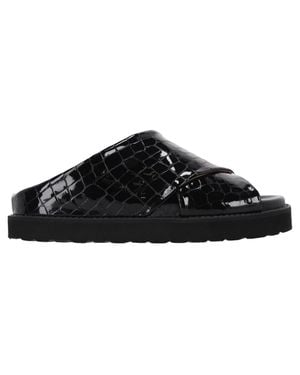 Ganni Croc-Effect Slide Sandals - Black