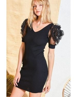 TRUEDAMES V Neck Contrast Flower Lace Bubble Sleeve Midi Bodycon Dress - Black