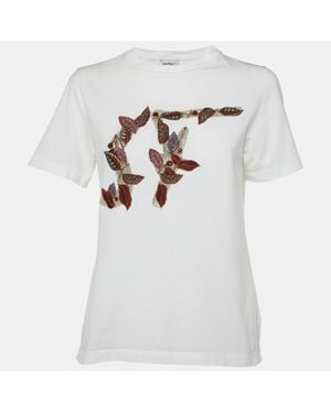 Ferragamo Logo Embroidered Cotton Crewneck T-Shirt - White