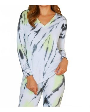 French Kyss Marble Wash Long Sleeve V-Neck Top - Blue
